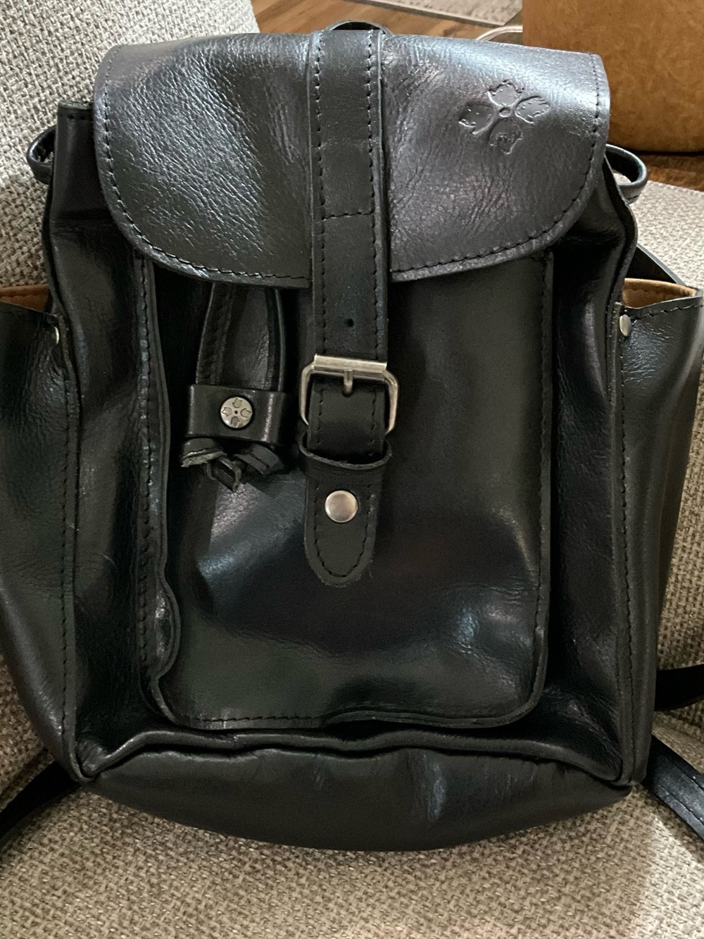 Patricia Nash Black Italian Leather Mini Backpack Purse w/Buckle, lots of pocket
